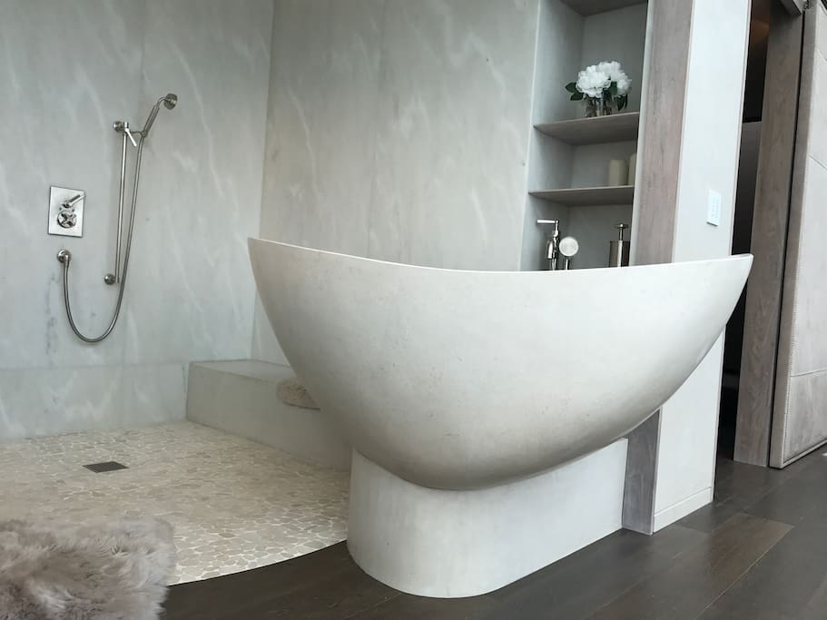 Limestone bath tub perfectly angled to have a direct view of the Golden Gate Bridge