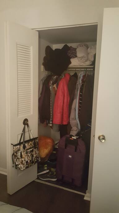 Sizeable closet with shelves on the right side to store your belongings while here!
My in-laws are in town for the next week, so here you see their things, along with in the bathroom, on the nightstand, and kitchen. I promise these things won't be here when you arrive! :)