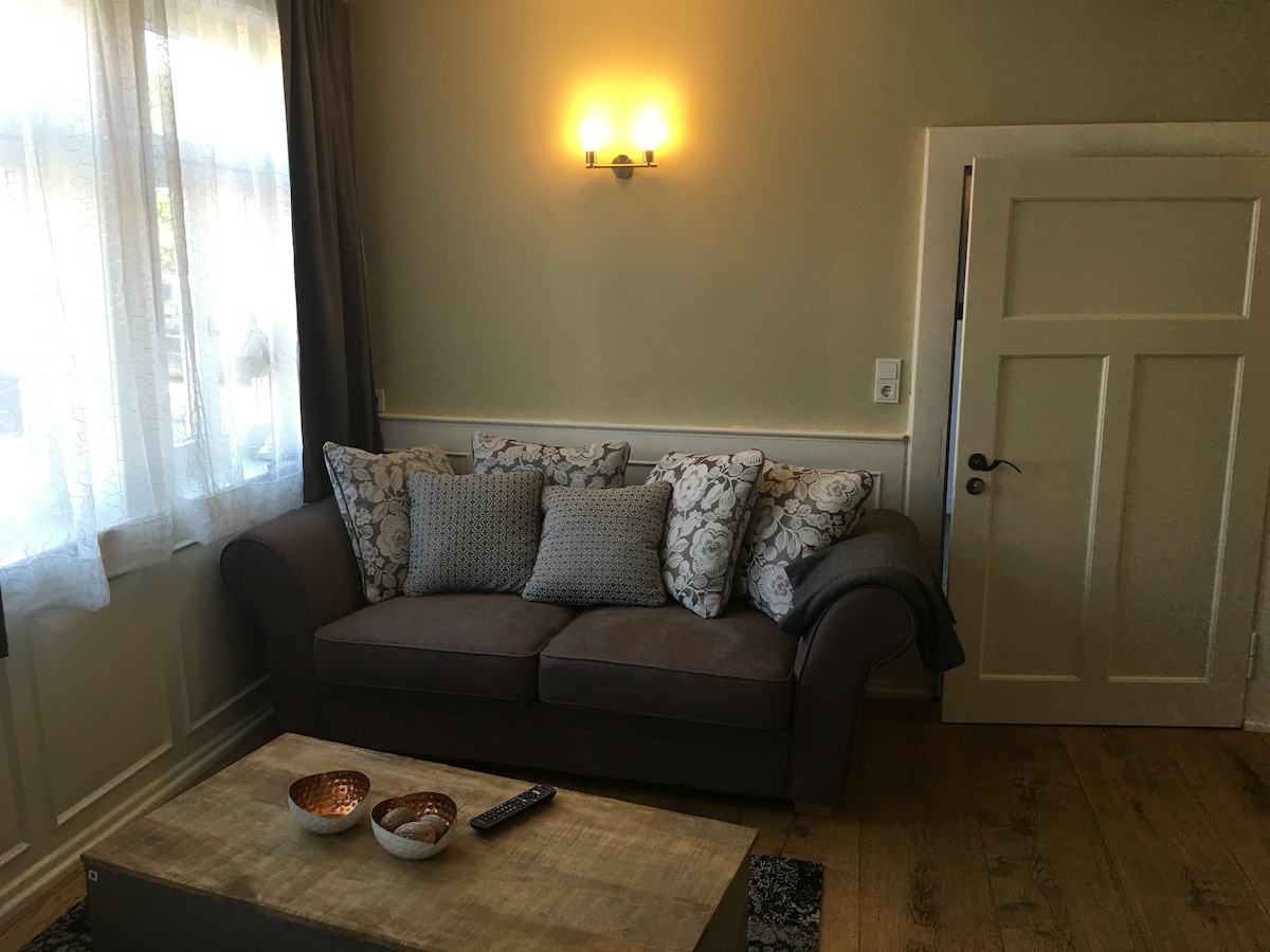 A comfortable seating area is shown, featuring a plush sofa adorned with decorative pillows. A wooden coffee table sits in front, accompanied by two bowls, while a remote control rests on the surface. Natural light filters through sheer curtains in the window.