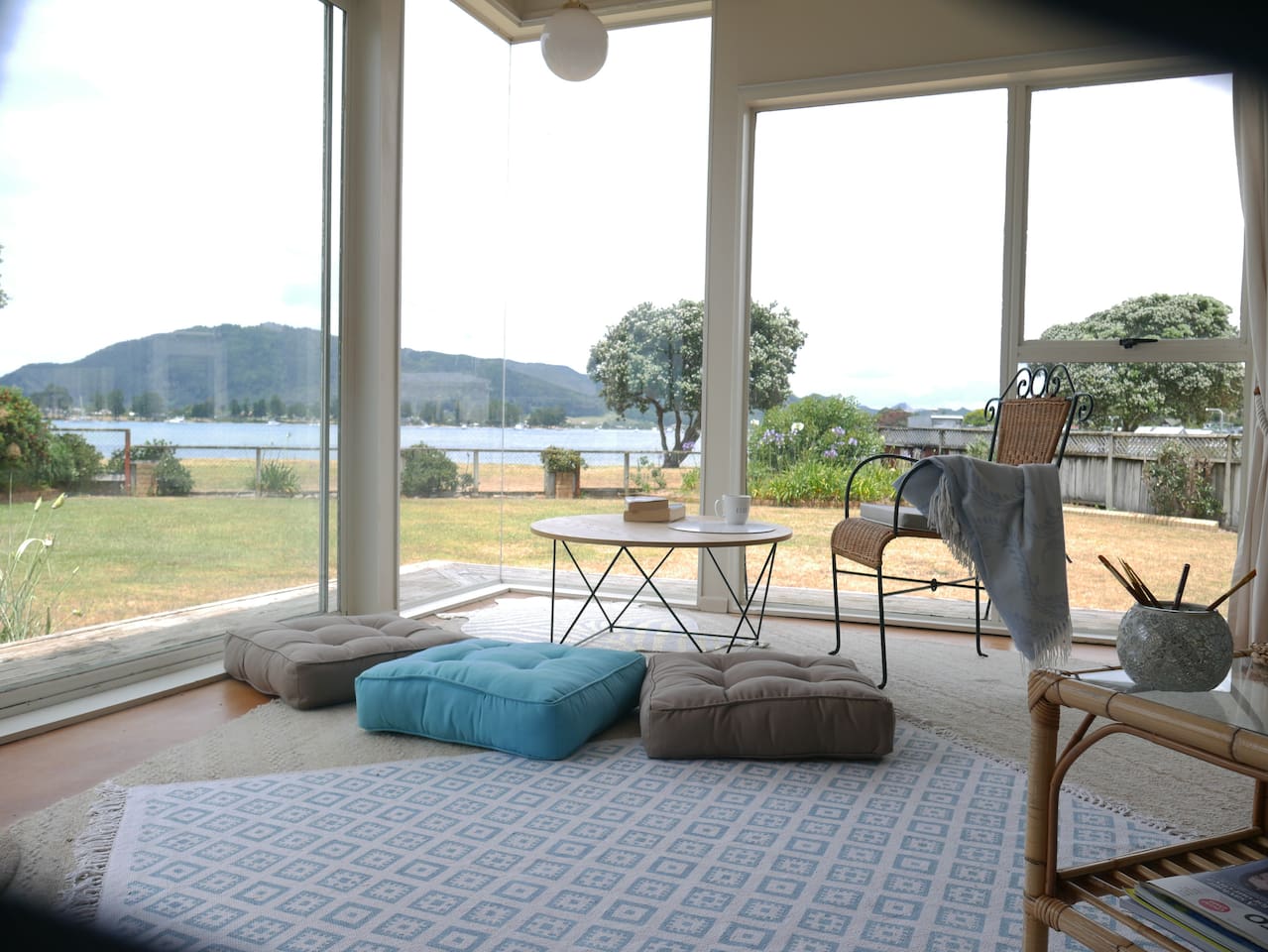 Tairua Airbnb lounge with view of the ocean