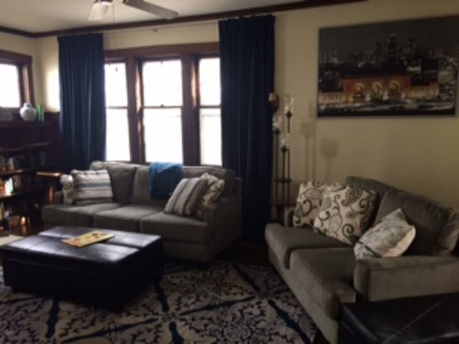 Living Room. Ottoman is also a twin bed