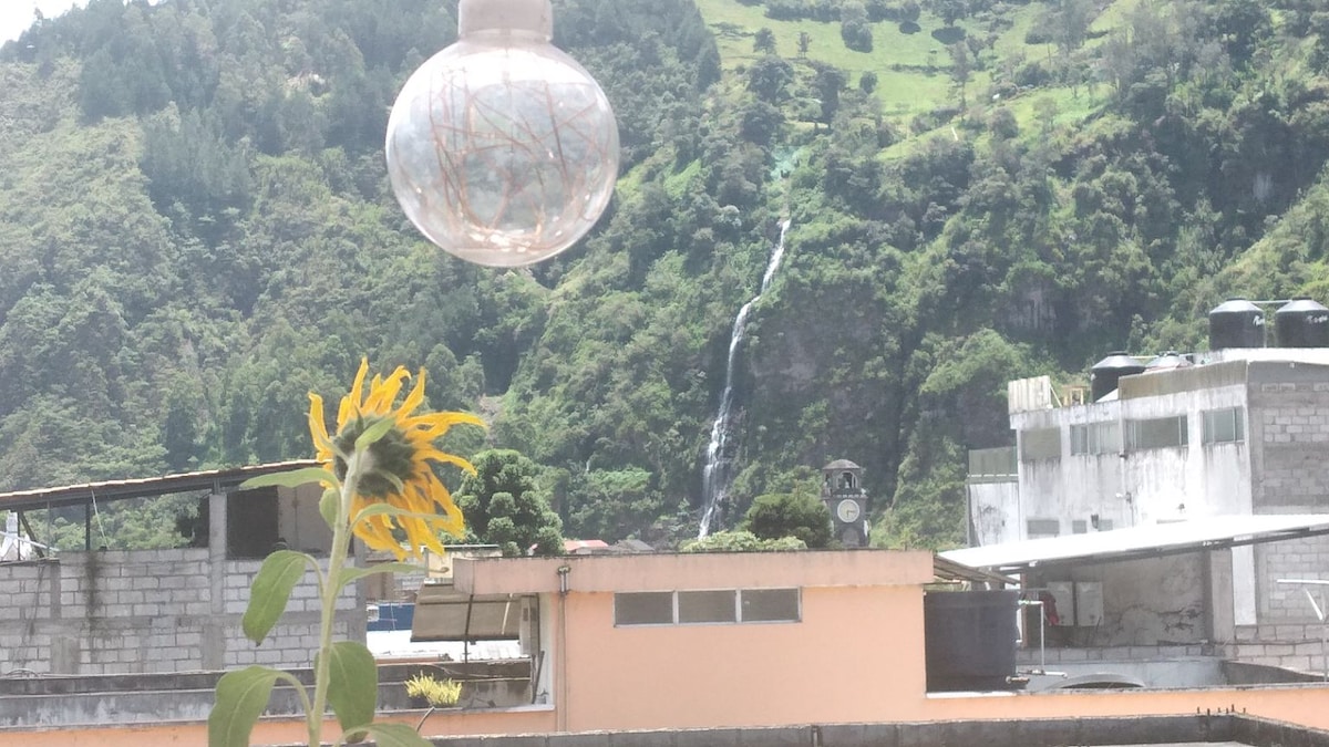A view from a balcony showcases a vibrant sunflower in the foreground. In the background, a lush hillside is visible, featuring a cascading waterfall and a scenic landscape. The image captures a blend of natural beauty and urban elements with buildings partially visible.