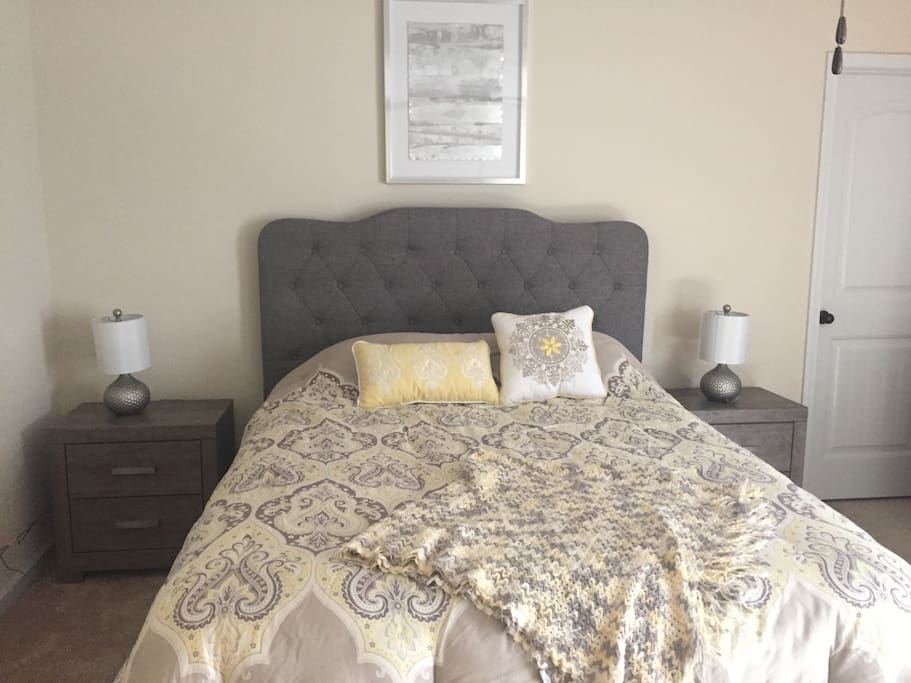 Queen memory foam topped bed. Bedding is subject to change based on season or laundry.