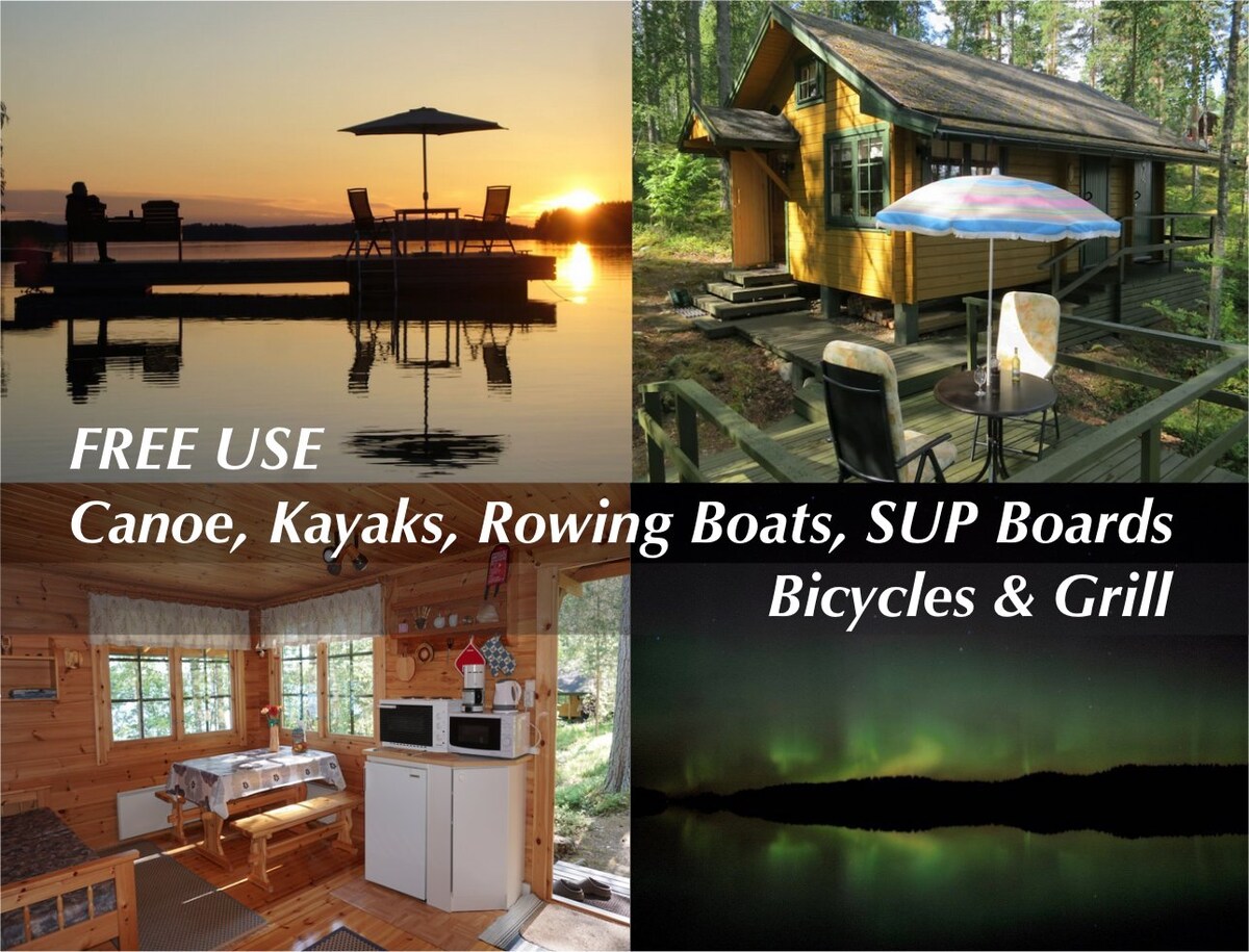 The image features a serene lakeside scene with a table and chairs silhouetted against a sunset. A cozy cabin is shown, complete with a welcoming porch adorned with a colorful umbrella. An inviting interior reveals a wooden kitchen area, while a northern lights display adds a magical touch.