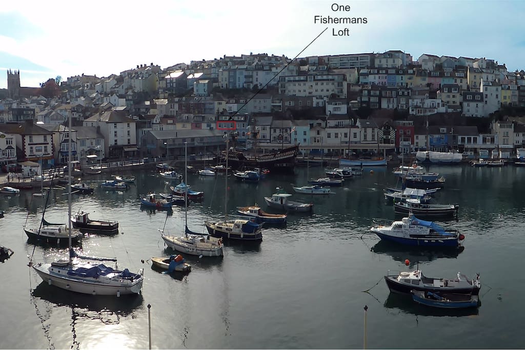 Brixham harbour, with the location of One Fishermans Loft shown