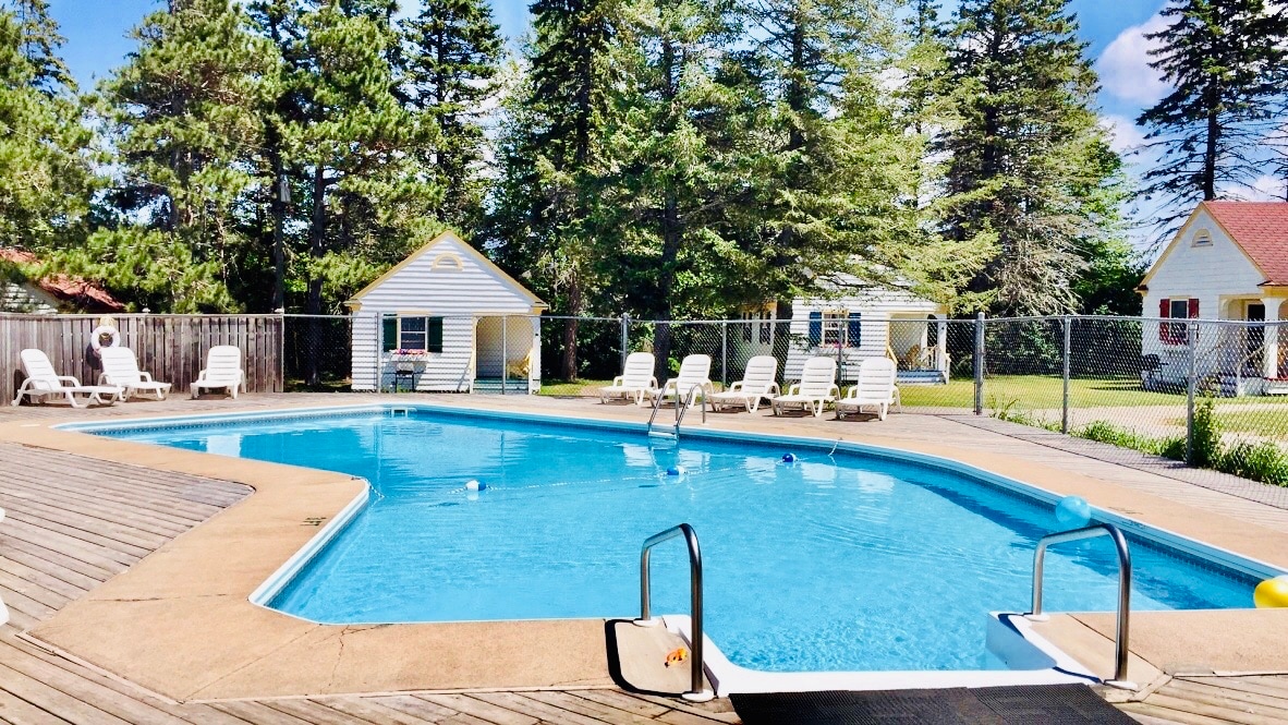 A clear swimming pool is surrounded by a wooden deck and several white lounge chairs. Lush green trees frame the background, where multiple standalone cottages can be seen. A fenced area enhances safety, and bright sunlight casts a cheerful ambiance over the scene.