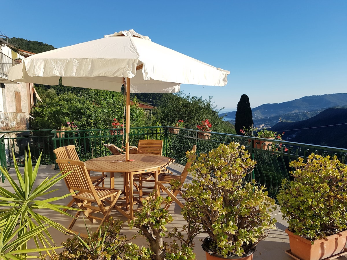 A spacious terrace is designed for relaxation, featuring a round wooden table surrounded by chairs and shaded by a large umbrella. Potted plants are arranged around the terrace, adding greenery, while scenic views of the surrounding hills and coastline are visible in the background.