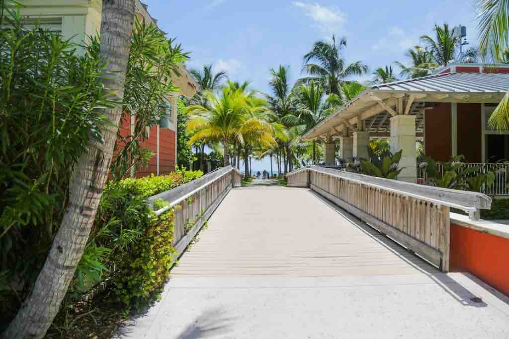 A wooden pathway is framed by lush tropical plants and palm trees, leading towards a beach in the distance. Bright sunlight casts a warm glow over the scene, showcasing the inviting atmosphere of the outdoor space.