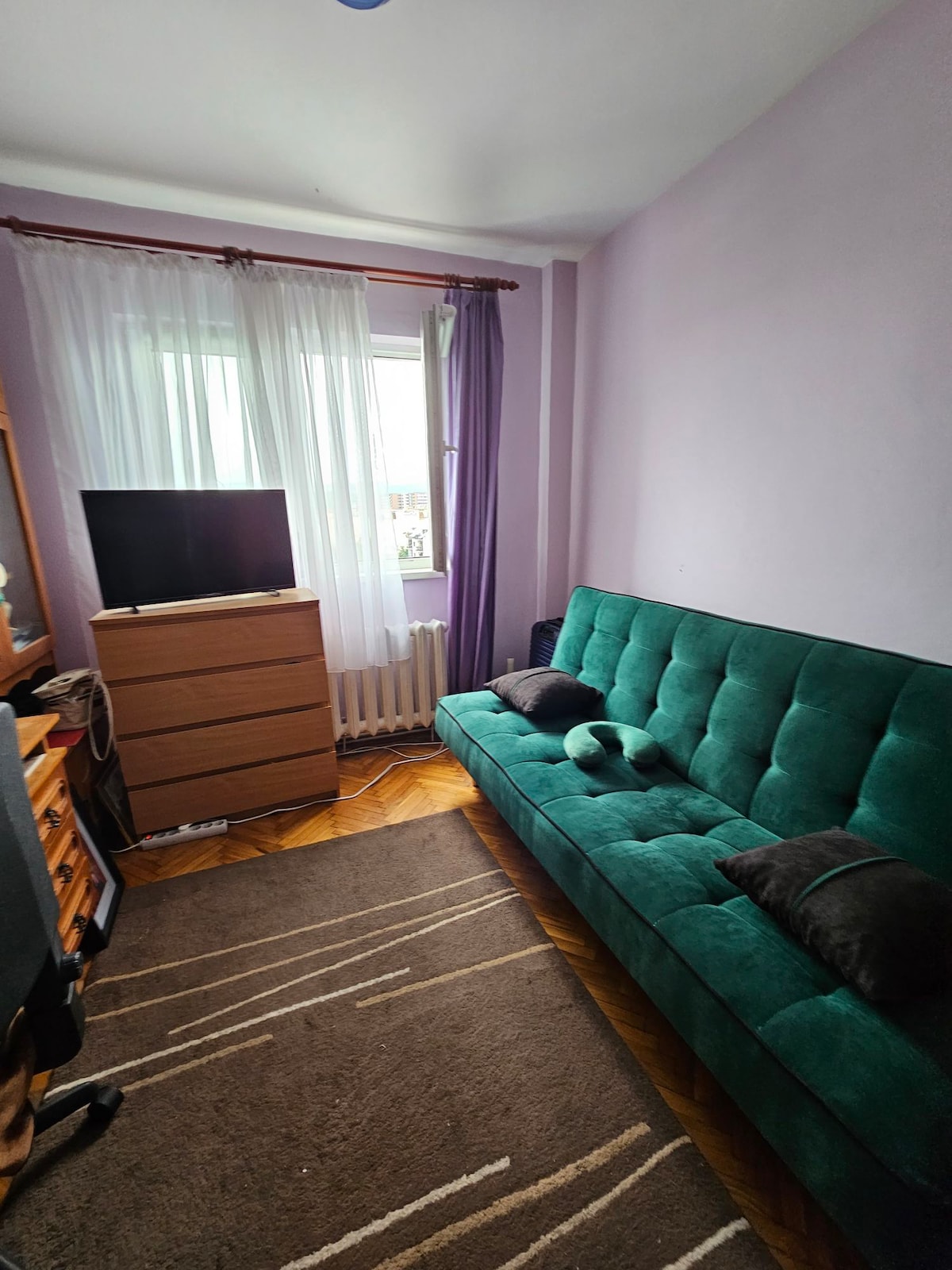 A private room features a green sofa with decorative pillows, positioned next to a window dressed in sheer and dark curtains. A flat-screen television is placed on a wooden dresser, while a patterned rug adds warmth to the space.