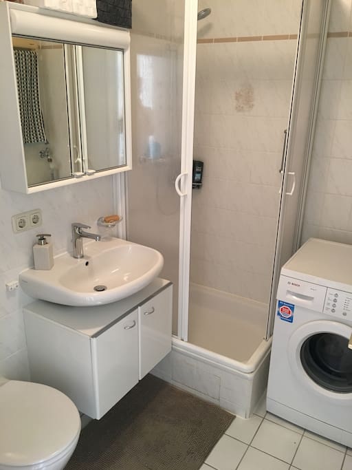 Badezimmer mit Dusche, Toilette und Waschmaschine