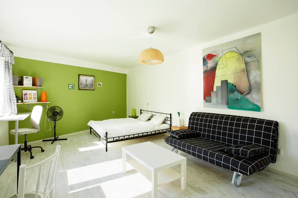 Main room with comfy Queen size bed (180cm), medium soft matrasse and unfoldable sofa.