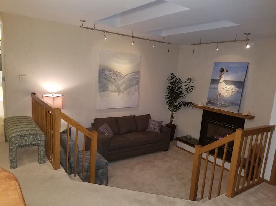 LIVING ROOM: How cozy to have this sunken living room complete with a black marble fireplace and two skylights! A TV, DVD player, collection of DVDs, books and a few games are yours to use during your stay. (Note: Cable is not provided and the DVD player is not Netflix-enabled).