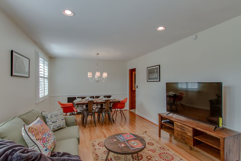 Hardwood floors expand the living and dining rooms