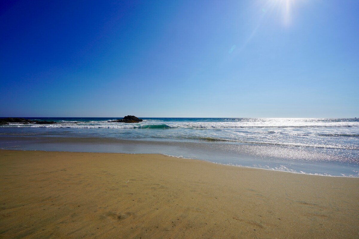 A sandy beach stretches toward the horizon, where gentle waves meet the shore under a clear blue sky. The sun is positioned high, reflecting off the water's surface, creating a calm and inviting atmosphere.