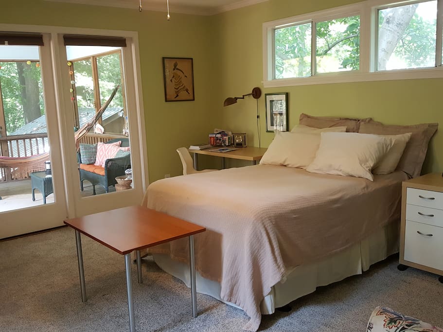 Double bed with Hotel Collection sheets and all cotton blanket.