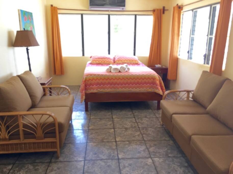 Main room with queen bed and sofa set