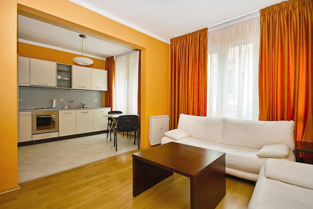 Living room with open plan kitchen