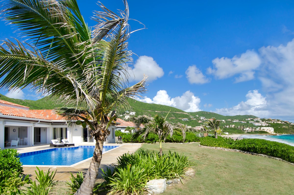An expansive outdoor area features a private pool surrounded by lush greenery and palm trees. The villa's open terrace invites relaxation, and the backdrop of rolling hills and the ocean can be seen under a clear blue sky.