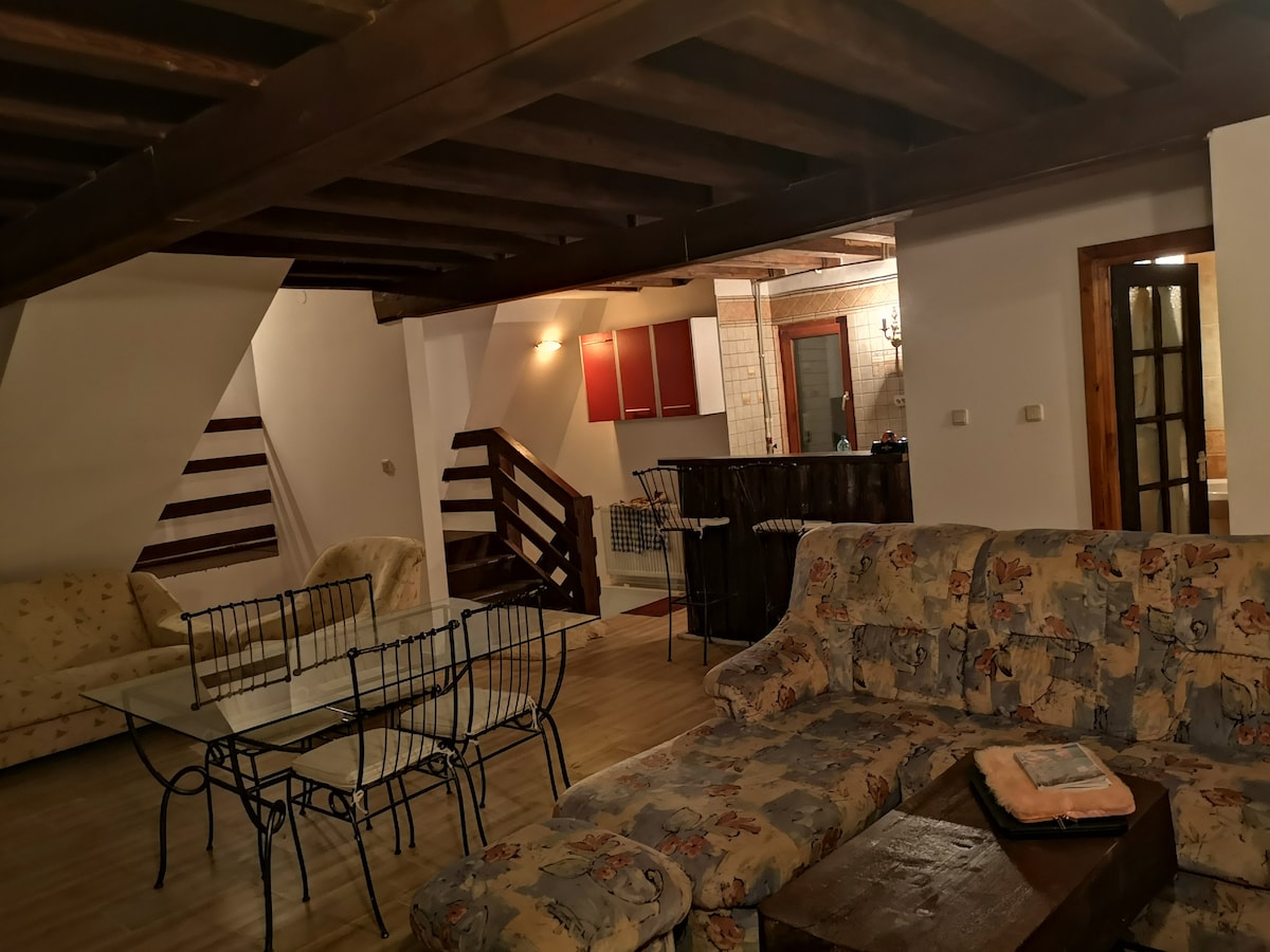 An open living area is presented, featuring two sofas, a coffee table, and a dining set. Exposed wooden beams adorn the ceiling, while a staircase leads to the upper level. A kitchenette is partially visible in the background, enhancing the communal feel of the space.