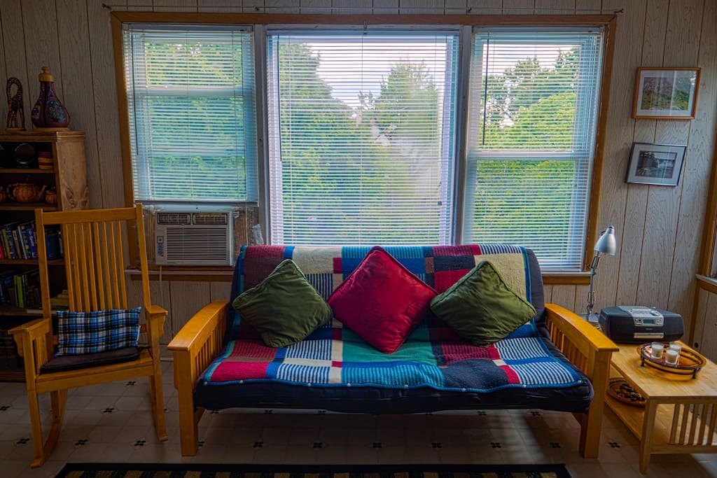 The living room looks out onto the tree lined street