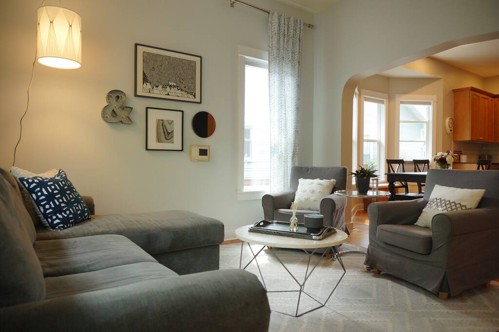 Stylish upstairs living room with sofa bed
