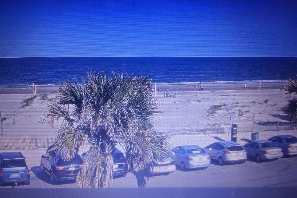 Beach in front of front of property . Condo is on this side of parking lot .