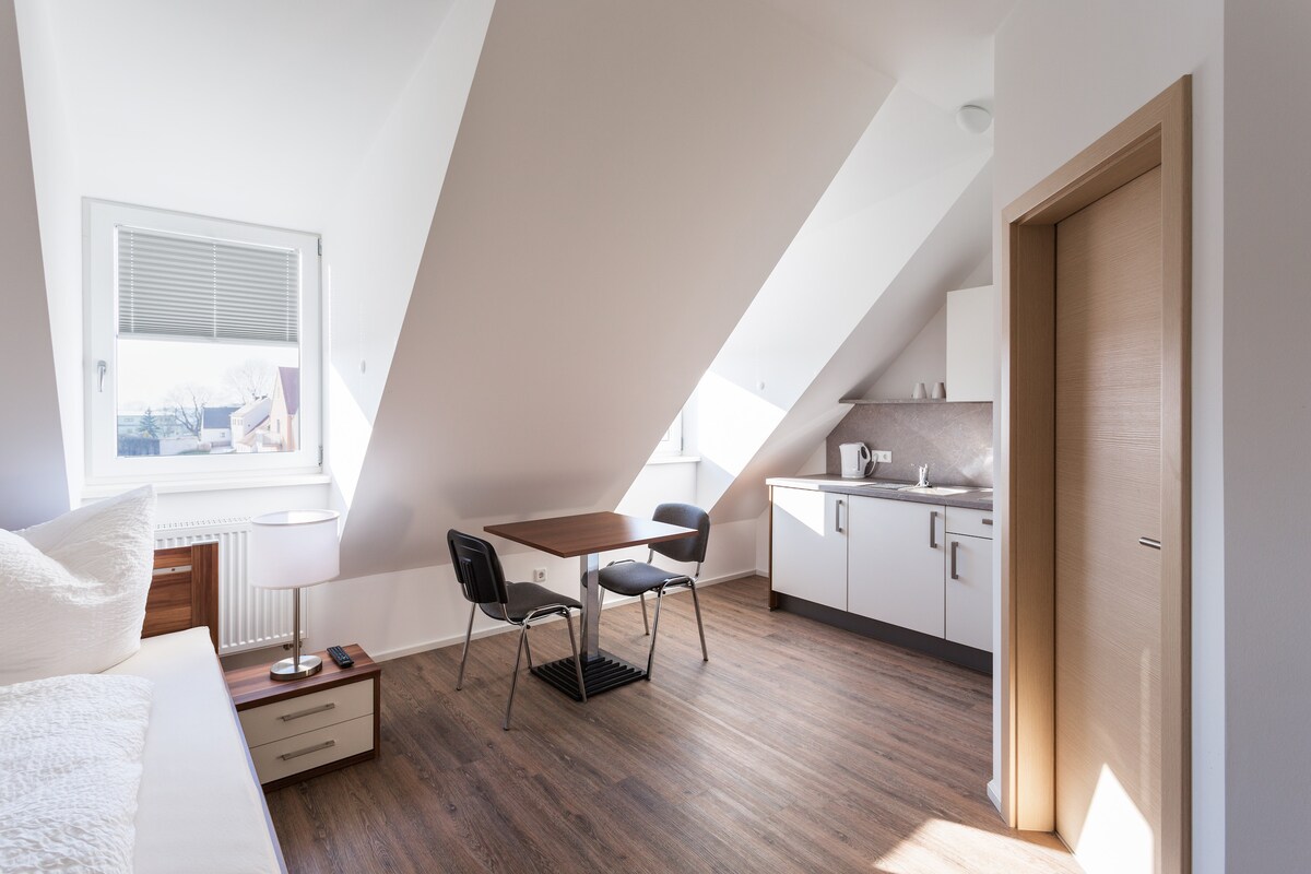 An open-plan room features a spacious bed with plush bedding and a modern kitchen area equipped with essential appliances. A wooden table with two chairs occupies the central space, while windows allow natural light to illuminate the light-colored walls and wood flooring.