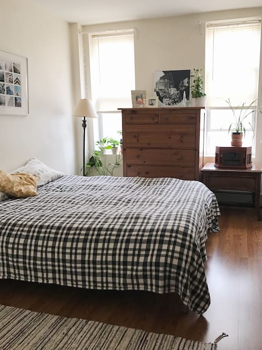 Bedroom with queen size bed, closet, and drawer.
