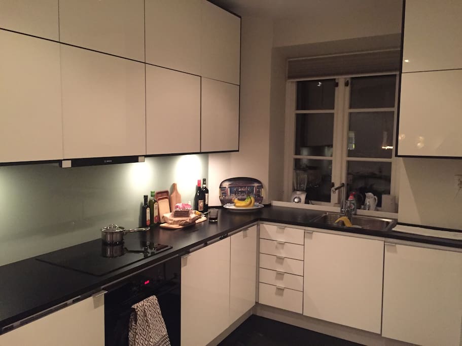 Modern kitchen with freezer, fridge, washingmashine