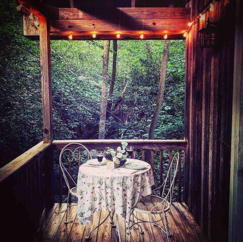Creekside tiny cabin, outdoor tub/shower, pets ok!