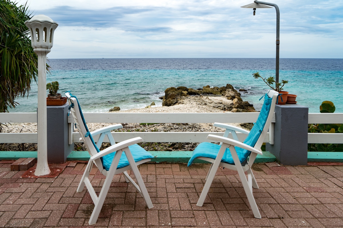 Two white lounge chairs with turquoise cushions are positioned on a patio overlooking the sea. The scene features rocky shoreline and gentle waves in the background. Potted plants are placed near the chairs, and a gentle overcast sky provides a calm atmosphere.