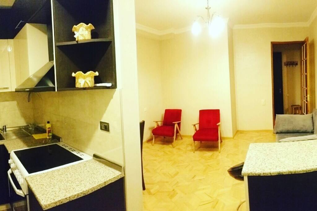 Kitchen and living room.