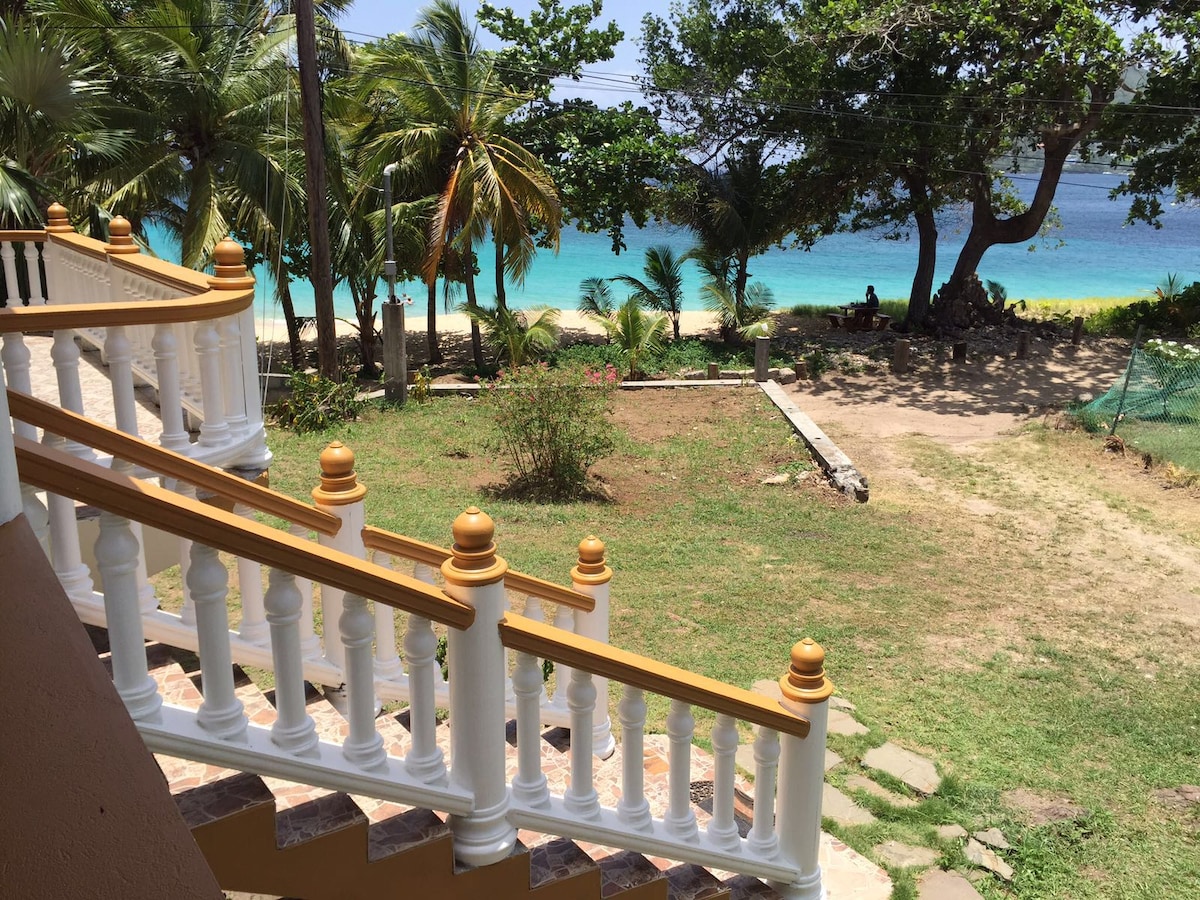 A view from the villa's staircase showcases a spacious front yard and vibrant greenery leading to the beach. Palm trees are visible along the shoreline, with the turquoise waters of the ocean in the background. The scene conveys a serene outdoor setting.