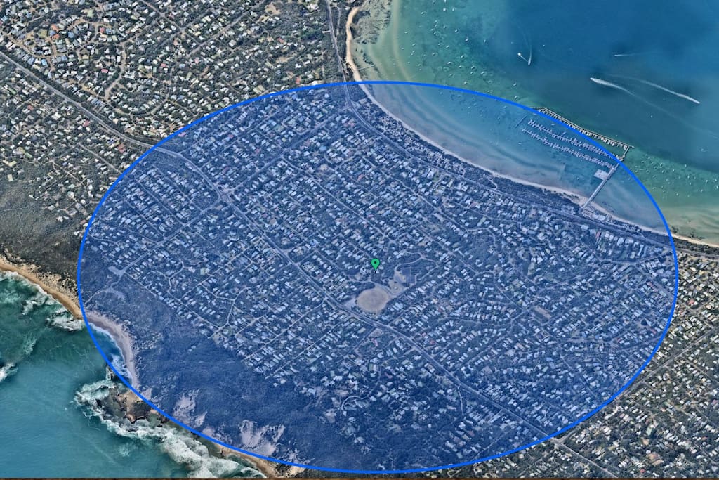 The Magic of the Blue Circle - this blue area encircles the property with a 1km radius of coastal heaven. You would be hard-pressed to find a better location on the Mornington Peninsula. "We enjoyed a short walk to the back beach and were blown away by how breathtaking and secluded it was... Really a magical experience. I would have no hesitations to come back and spend another weekend away in this lovely beach house. Thanks again Elia!!" James, March 2016.
