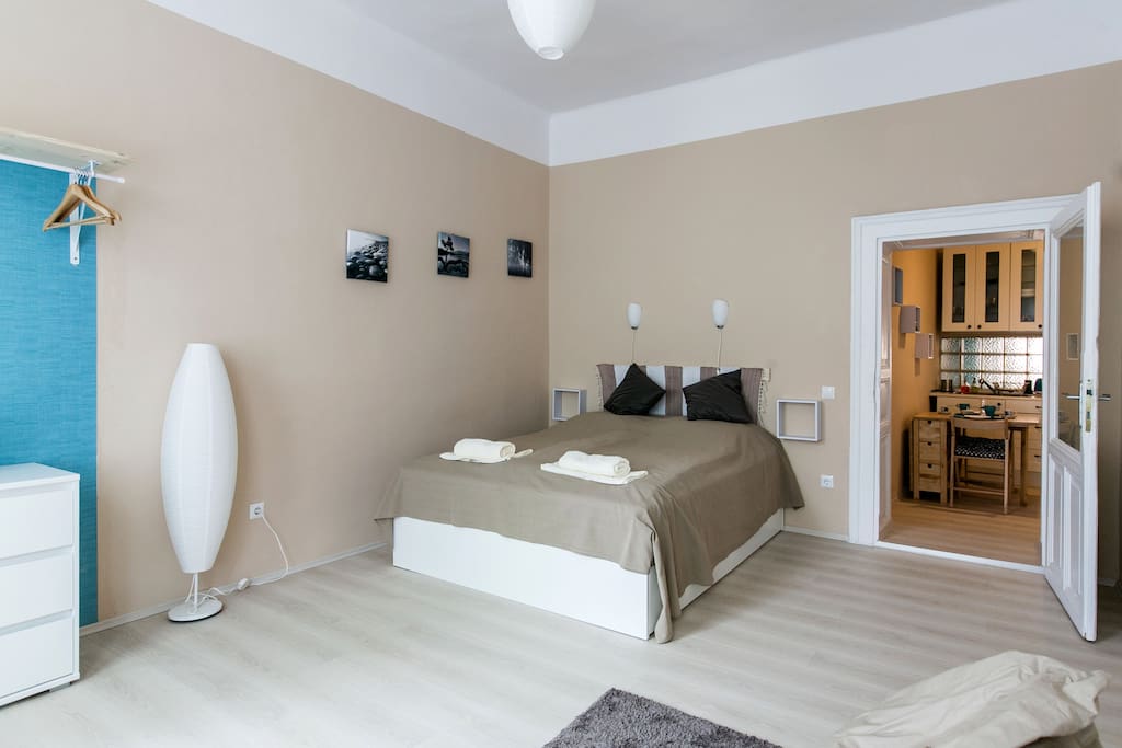 bedroom and view of the kitchen