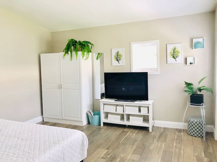 Large, breezy bedroom with vaulted ceilings and plenty of storage