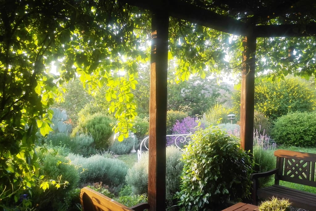The pergola is a wonderful spot for meals and relaxing in shade or sunshine.