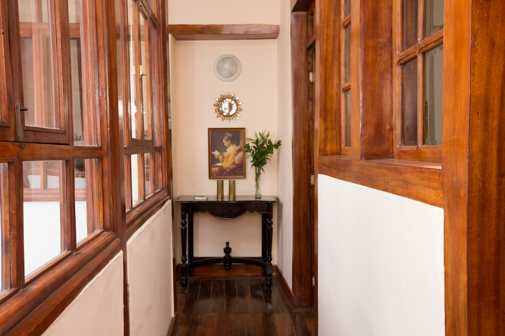 Hallway with restored wooden windows
