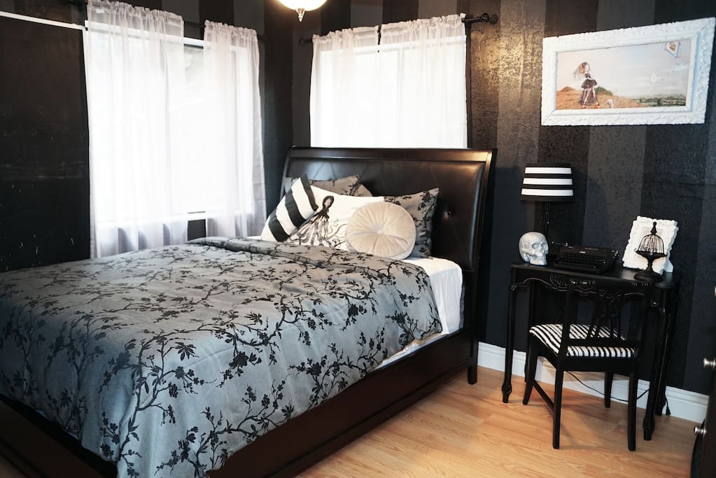 "Gothic" bedroom with queen bed