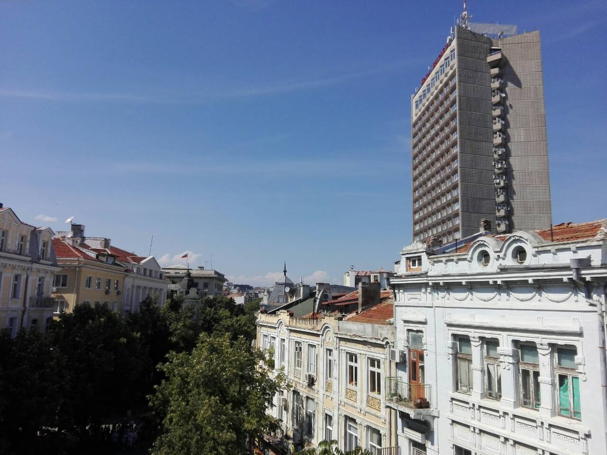 A panoramic view captures the lively cityscape, showcasing a mix of modern and historical architecture. Tall buildings stand alongside traditional structures, illuminated by natural light under a clear blue sky. Green trees add a touch of nature to the urban environment, enhancing the overall charm.