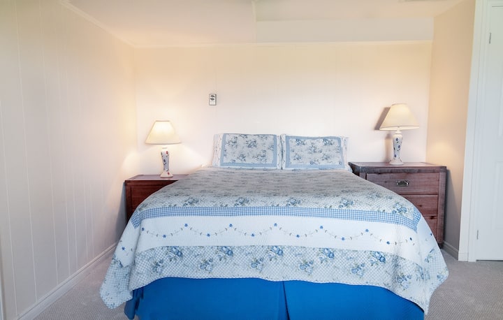 Chumba cha kulala cha msingi cha kiwango cha chini kina kitanda cha malkia.