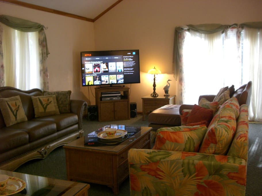 Great room has large-screen TV and stereo player with speakers. TV gets Netflix and Amazon Prime channels. Mediacom cable TV gets 500 channels.
There are two internet providers for house in case one goes down.