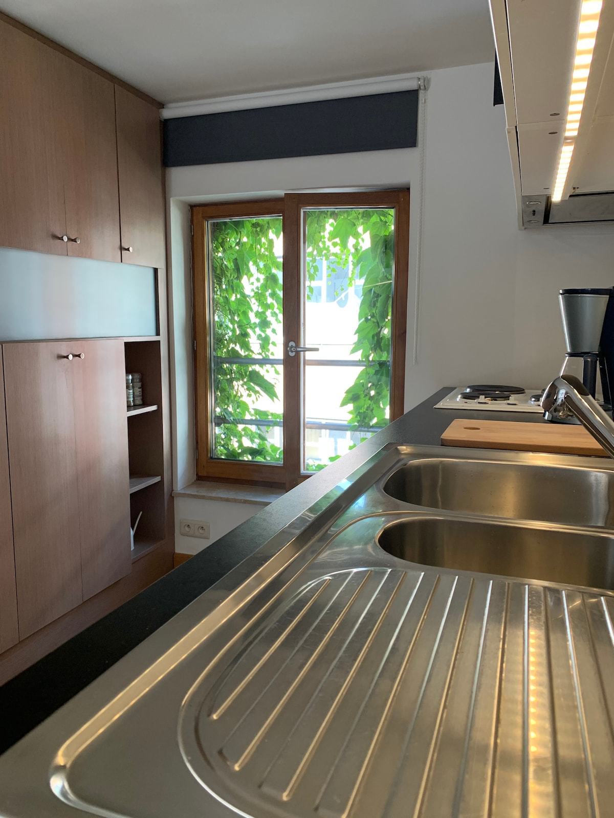 A modern kitchen space features wooden cabinetry and a double stainless steel sink. Natural light enters through a window adorned with green foliage, illuminating the cooking area. An equipped countertop with a coffee machine and cooking utensils is visible, enhancing the functionality of this inviting kitchen.