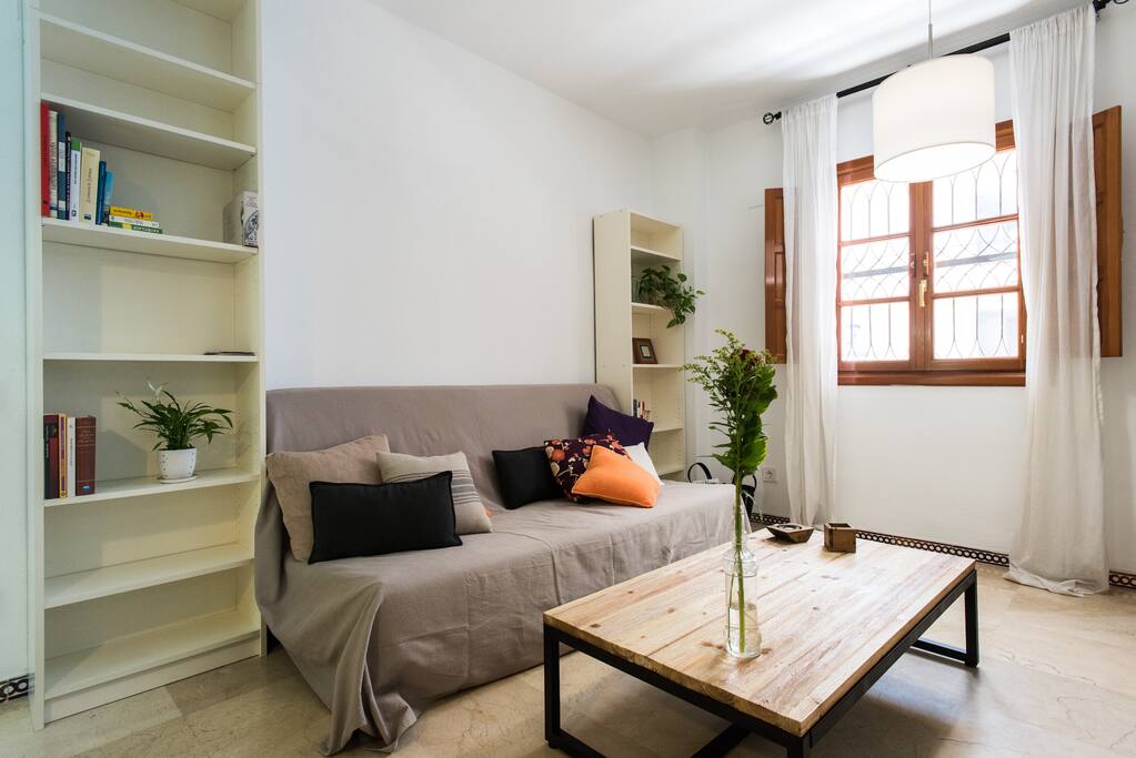 Living room space with fold out couch