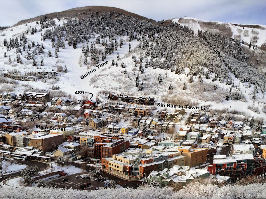 Property with ski run above, Main St below