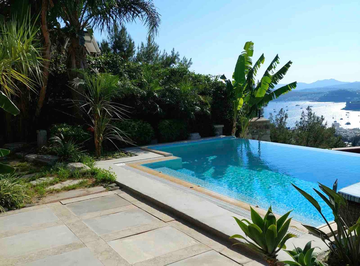 A serene outdoor area showcases a private swimming pool with shimmering turquoise water, bordered by lush greenery and a variety of tropical plants. In the background, a picturesque view of the water and surrounding hills can be seen.