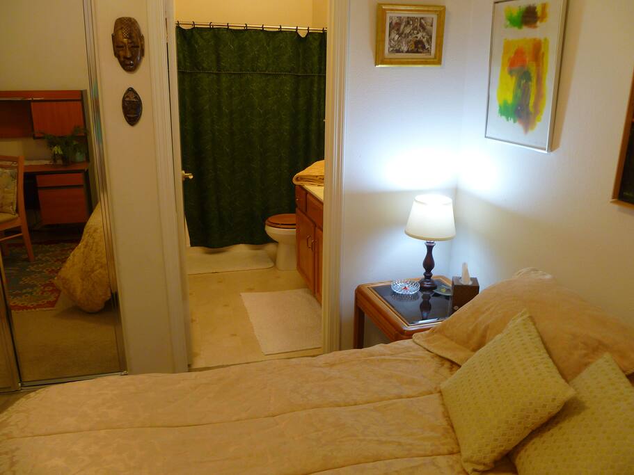 entrance to full bath from bedroom, fully stocked, hairdryer, Band Aids, etc.
