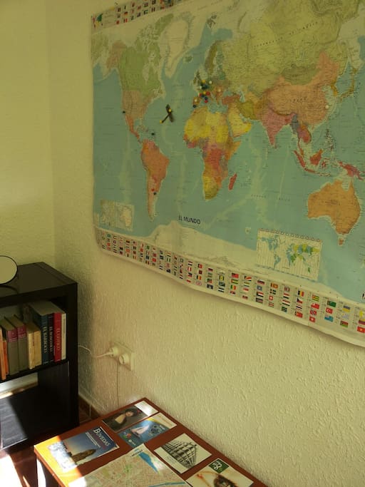 On the wall there's a big map of the world where you can point your home country/town !