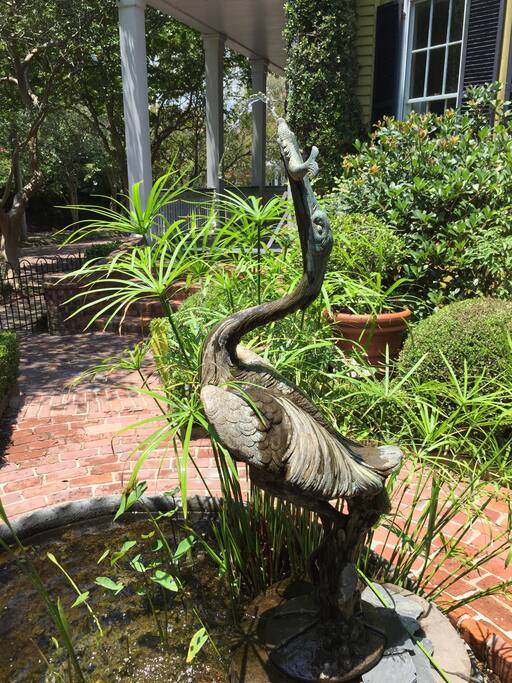 A blue Herron fountain was brought to GardenSong from Venice years ago...