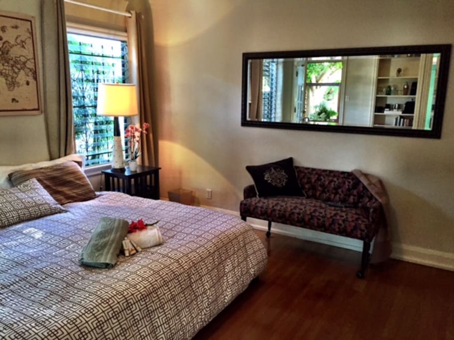 King bed in Oversized room with extra tall ceilings in gorgeous Spanish house.